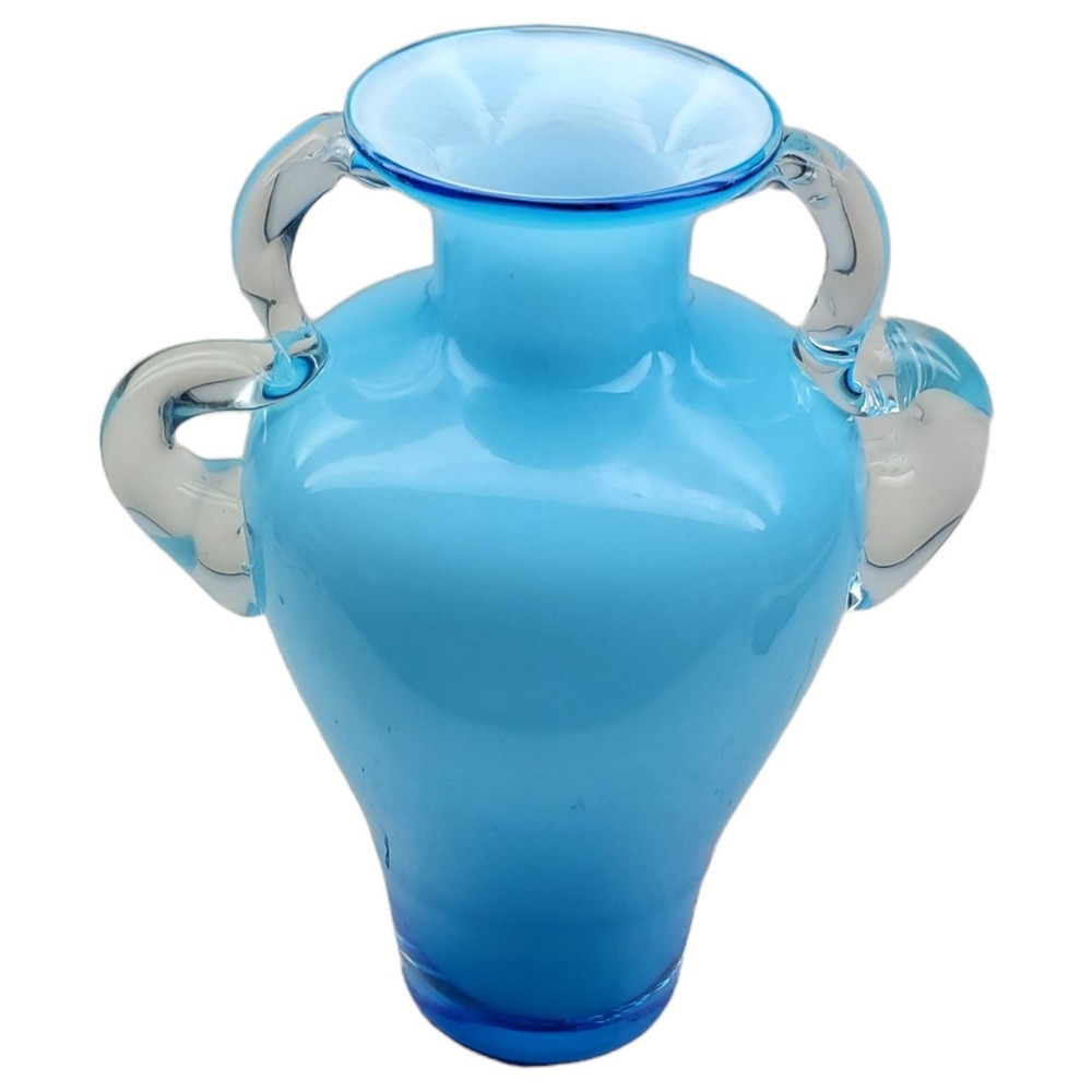 Vintage Hand Blown Art Glass Cased Blue Urn Vase Applied Clear Double Handles